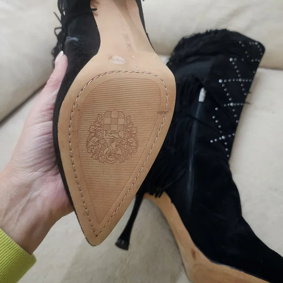 Vince Camuto Black Fringe Studded Over-The-Knee Boots 4" Heels - Picture 7 of 8